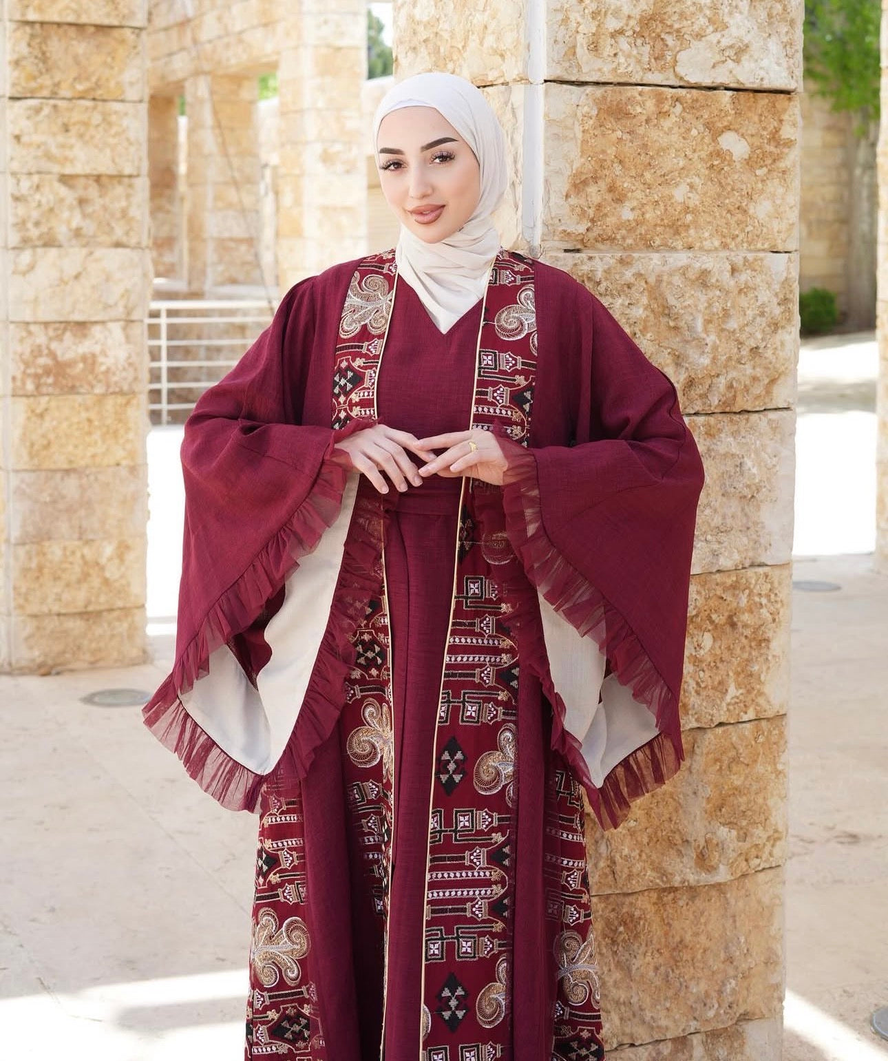 Burgundy Luxe Embroidered Abaya