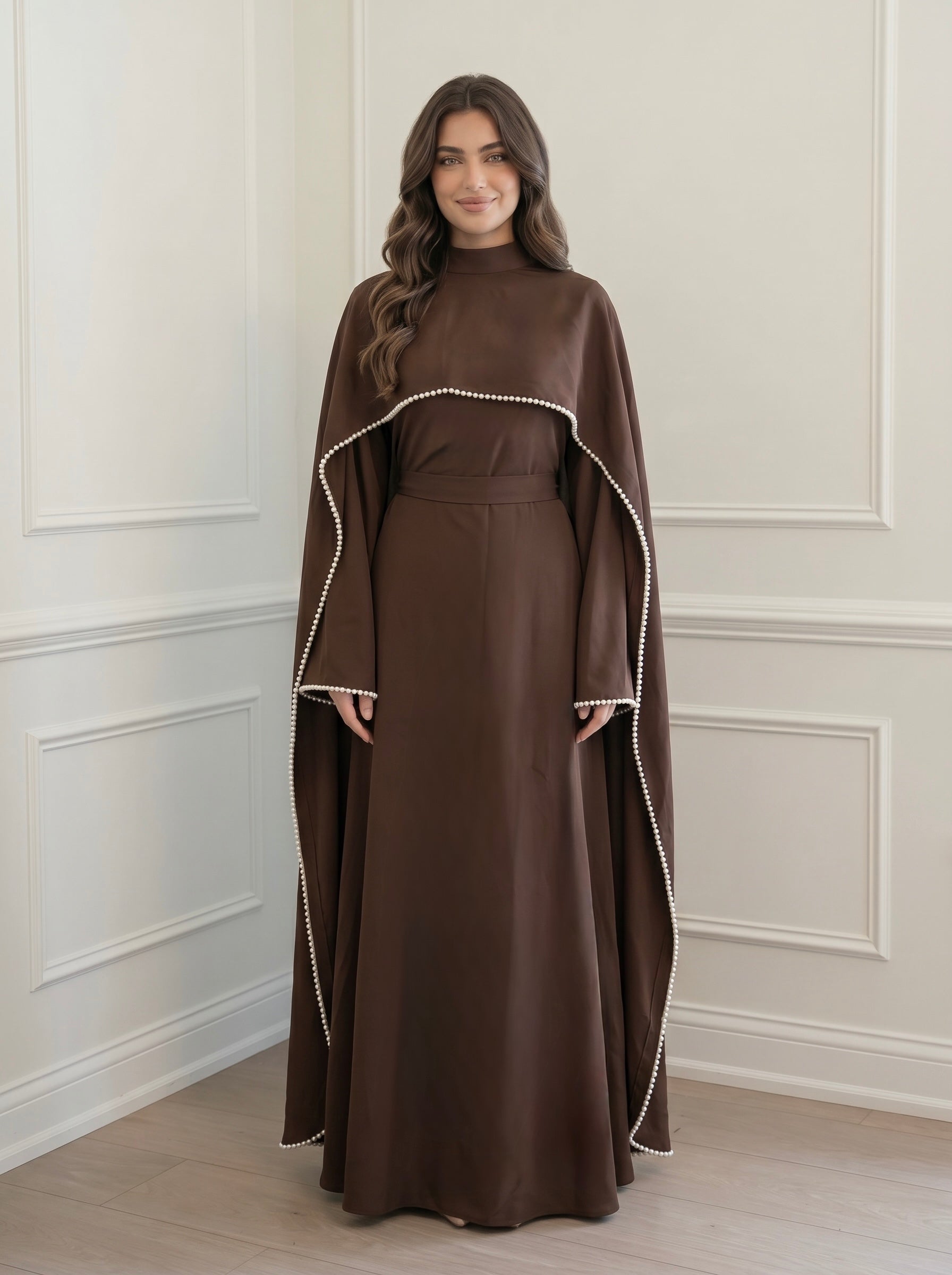 Chocolate Brown Cape Gown with Pearl Trim