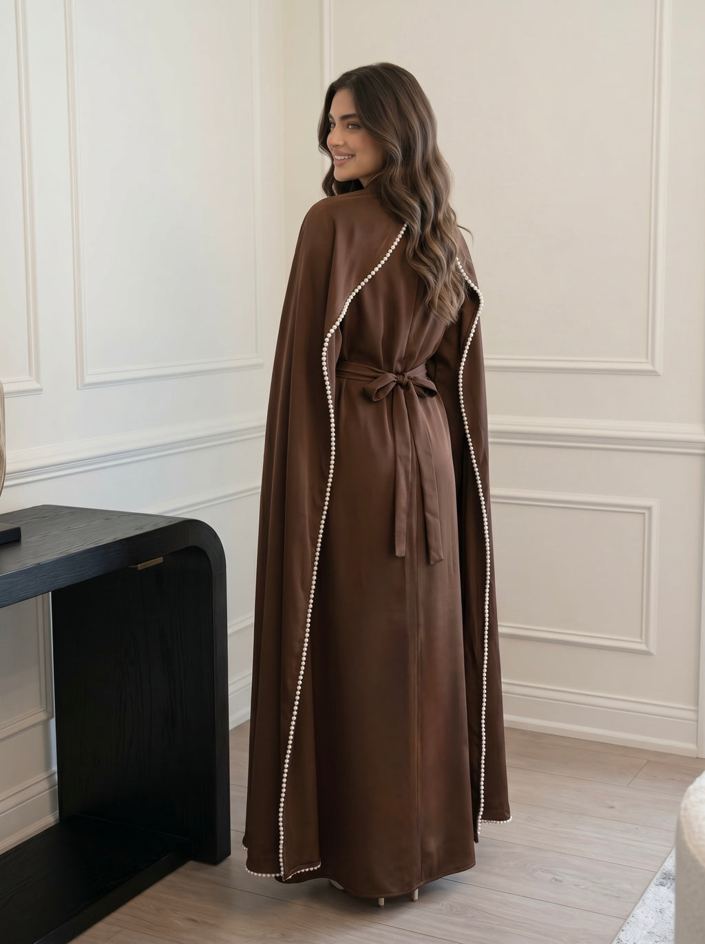 Chocolate Brown Cape Gown with Pearl Trim